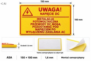 Tabliczka UWAGA NAPIĘCIE DC fotowoltaika ASA 150x100 mm samoprzylepna