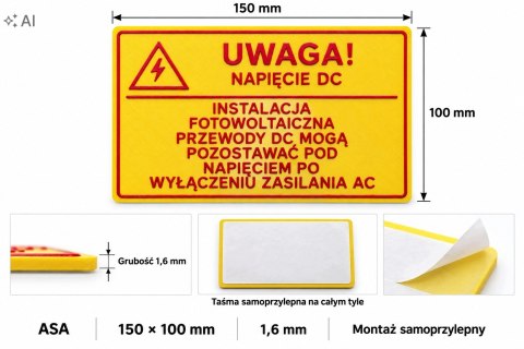 Tabliczka UWAGA NAPIĘCIE DC fotowoltaika ASA 150x100 mm samoprzylepna