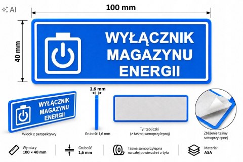Tabliczka WYŁĄCZNIK MAGAZYNU ENERGII ASA 100x40 mm samoprzylepna