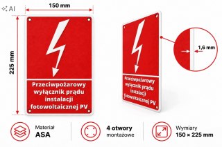 Tabliczka przeciwpożarowy wyłącznik prądu instalacji PV ASA 150x225 mm