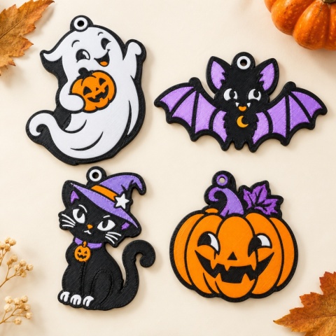 Zestaw 4 zawieszek Halloween – duszek, kot, dynia i nietoperz